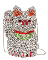 Super Lucky Cat Rhinestone Clutch - Silver