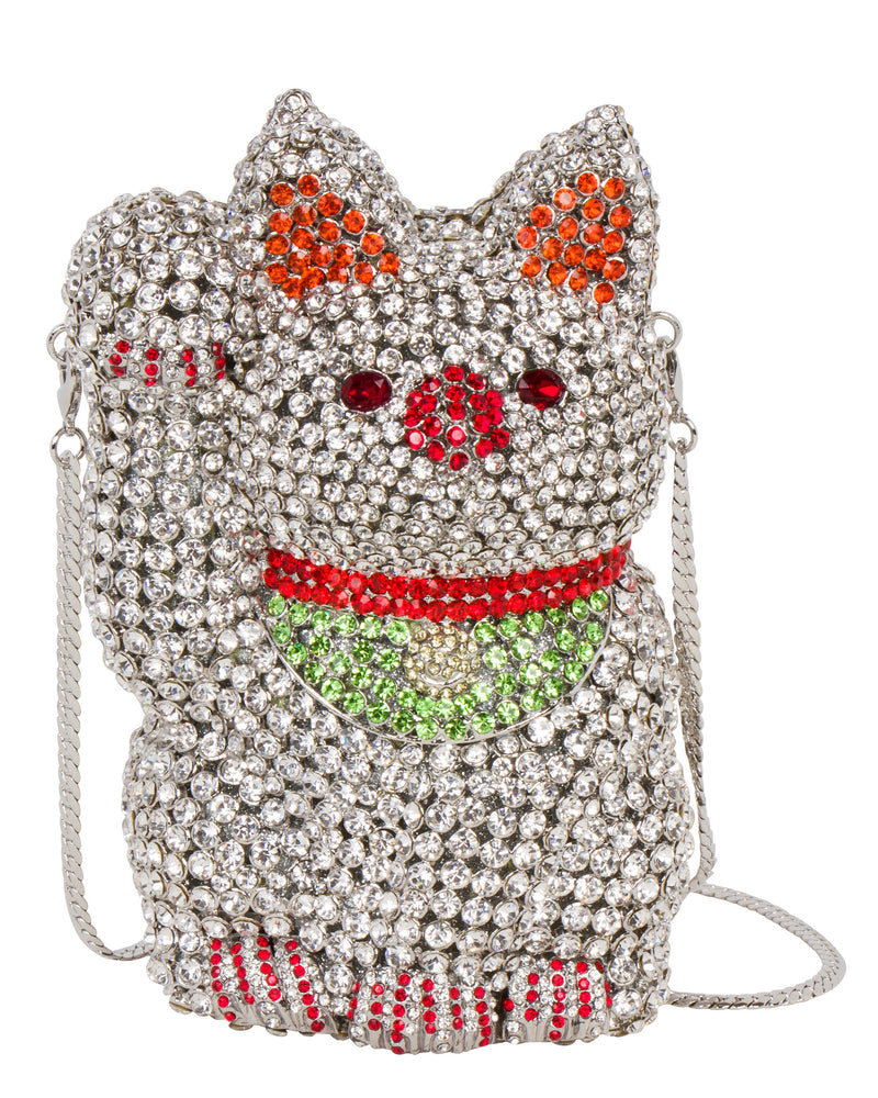 Super Lucky Cat Rhinestone Clutch - Silver