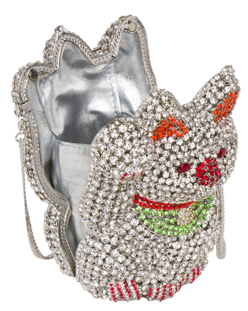 Super Lucky Cat Rhinestone Clutch - Silver