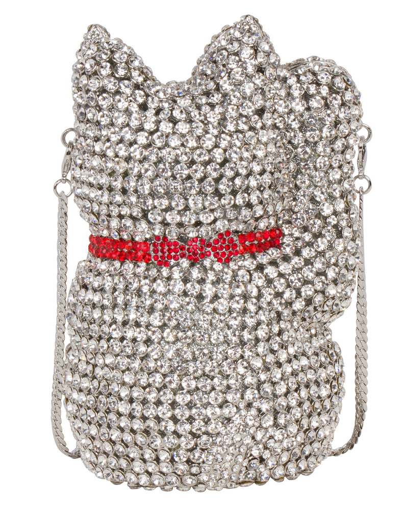 Super Lucky Cat Rhinestone Clutch - Silver
