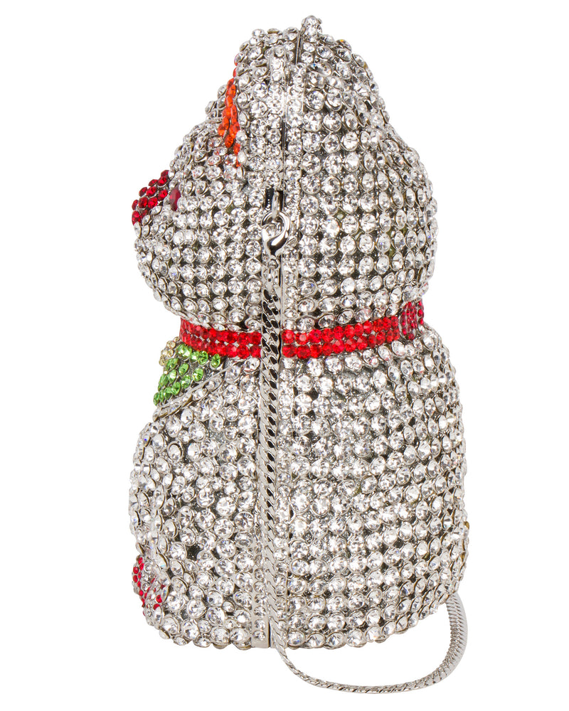 Super Lucky Cat Rhinestone Clutch - Silver