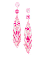 Pink tassel fringe earrings with rhinestones and beaded diamond pattern