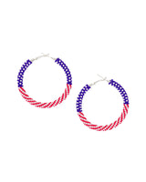 Red white and blue fabulous patriotic USA American flag beaded hoop earrings