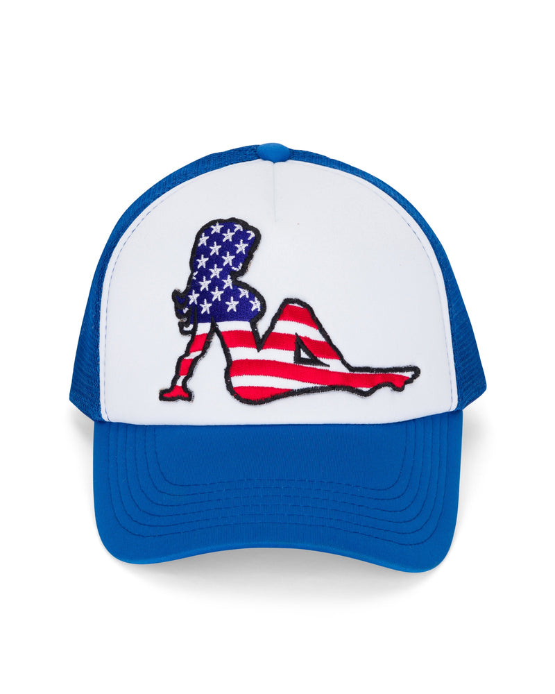 American flag sexy woman trucker hat red white and blue USA patriotic