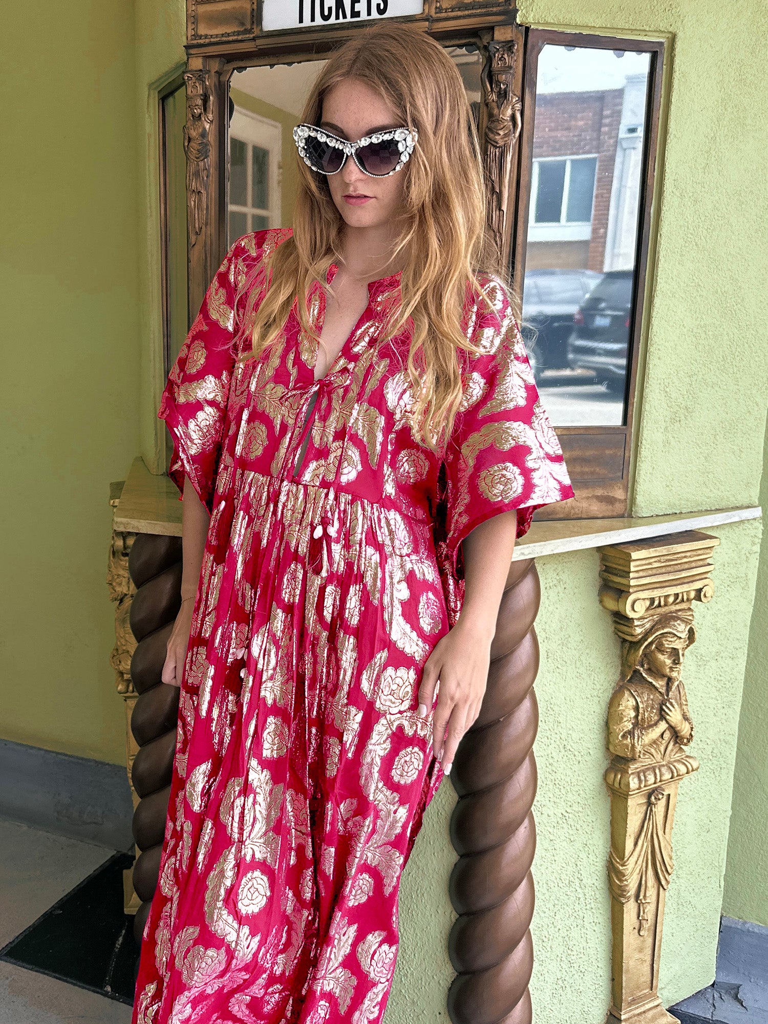 Palm Springs Caftan Maxi Dress Pomegranate/Gold1