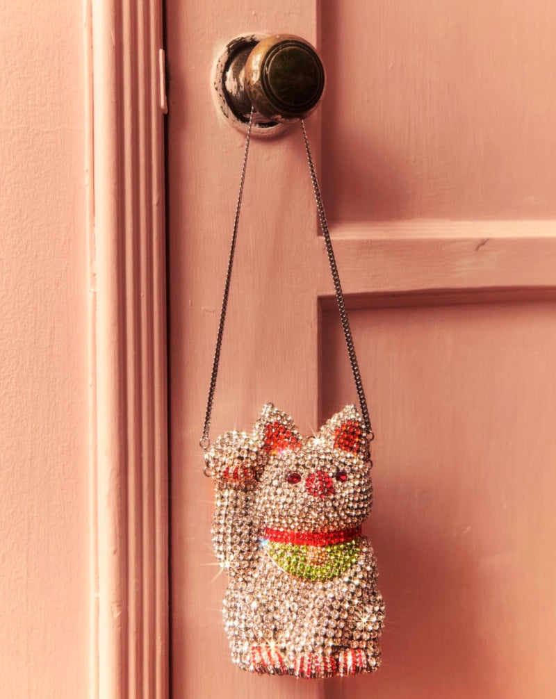Super Lucky Cat Rhinestone Clutch - Silver