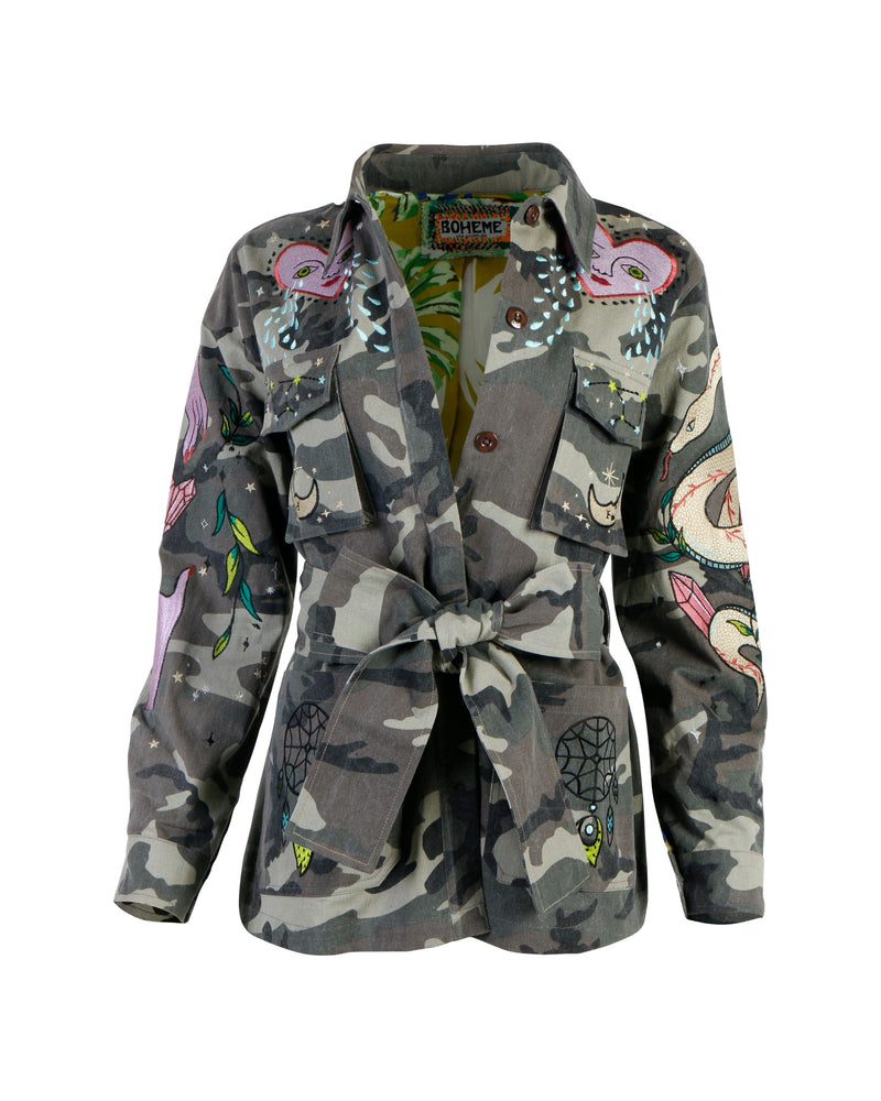 Mystical Goddess Embroidered Camo Jacket