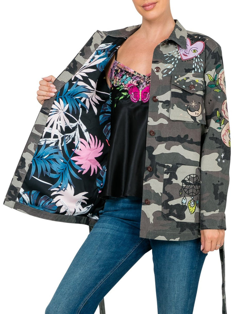 Mystical Goddess Embroidered Camo Jacket