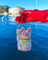 Super Lucky Cat Rhinestone Clutch - Silver